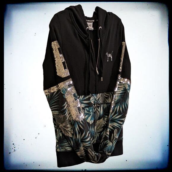 HTF Tropical VS PINK Zip Up Bling Hoodie Silver Sequins Spell PINK 86 + Dog Logo - Picture 4 of 12